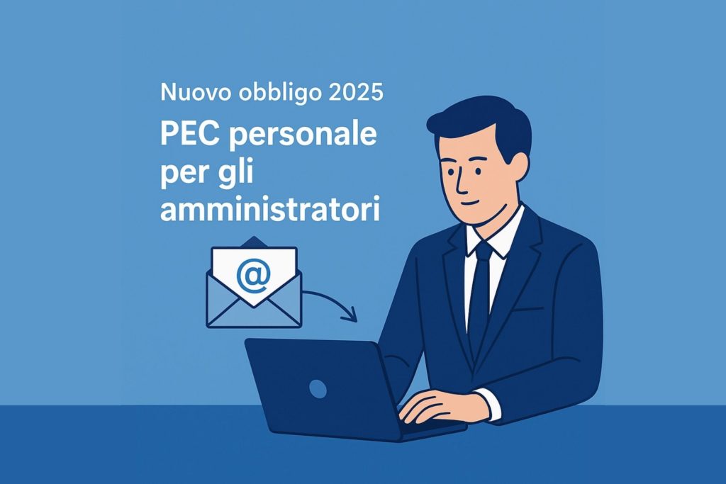 Illustrazione professionale con amministratore al computer e busta digitale, nuovo obbligo PEC personale 2025 per amministratori e liquidatori