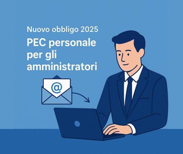 Illustrazione professionale con amministratore al computer e busta digitale, nuovo obbligo PEC personale 2025 per amministratori e liquidatori