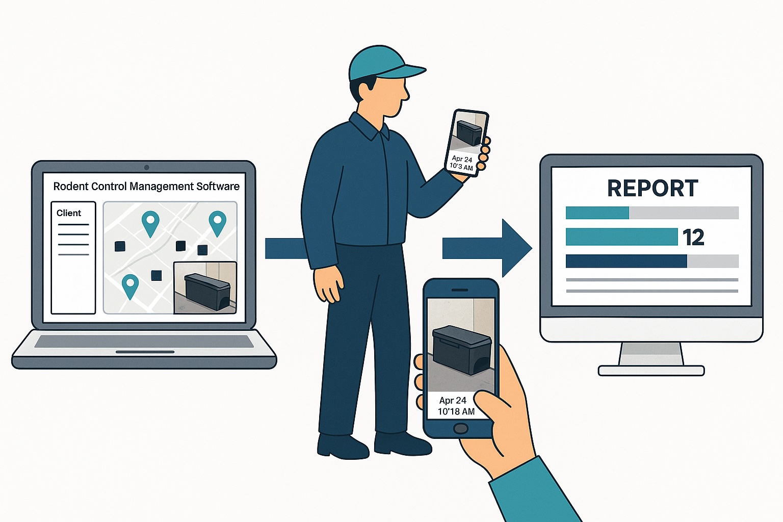 Illustrazione del software gestionale pest control con mappa trappole, operatore e report delle esche